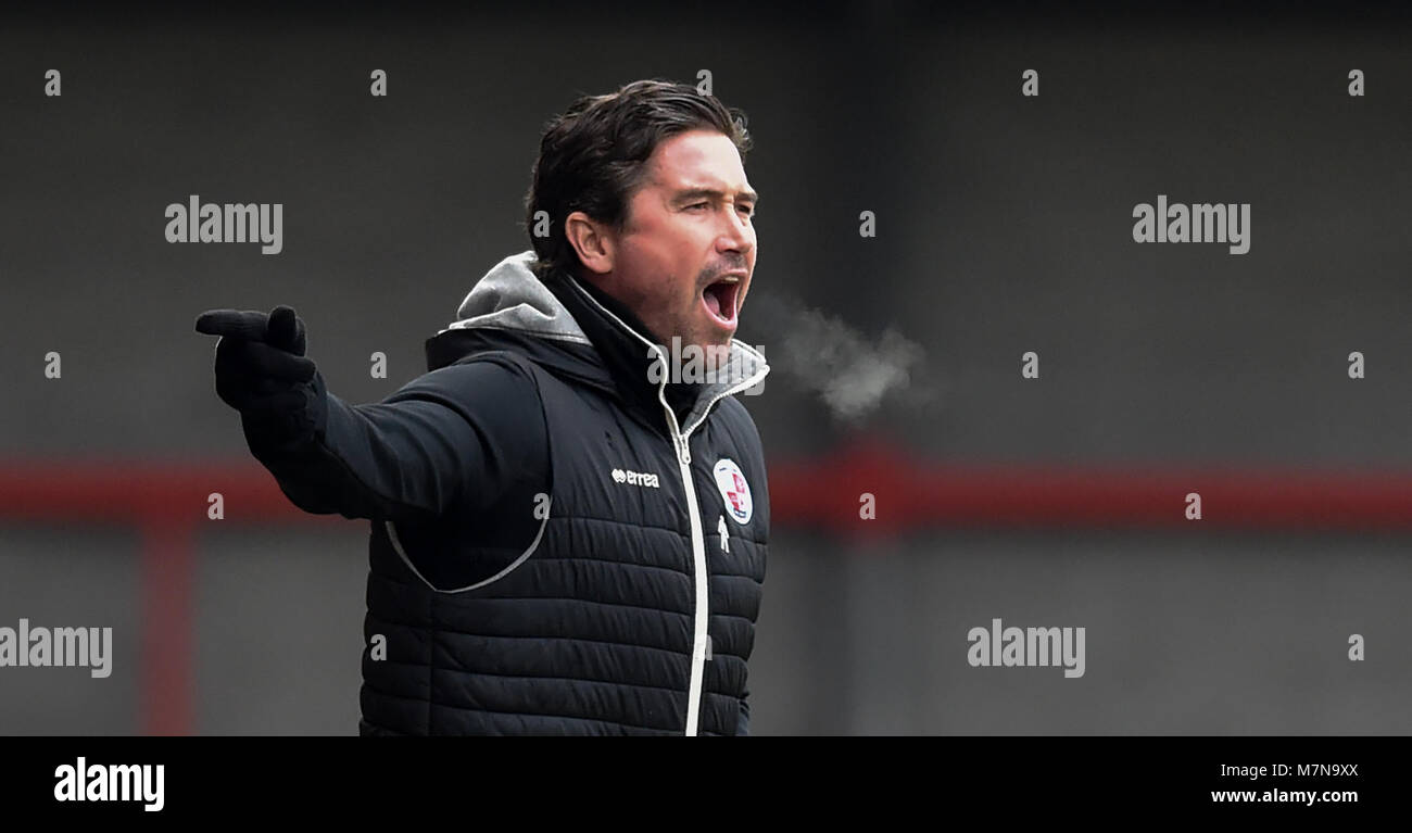 Crawley head coach Harry Kewell barks out instructions during the Sky Bet League 2 match between Crawley Town and Morecambe at the Checkatrade Stadium in Crawley. 10 Mar 2018 - Editorial use only. No merchandising. For Football images FA and Premier League restrictions apply inc. no internet/mobile usage without FAPL license - for details contact Football Dataco Stock Photo