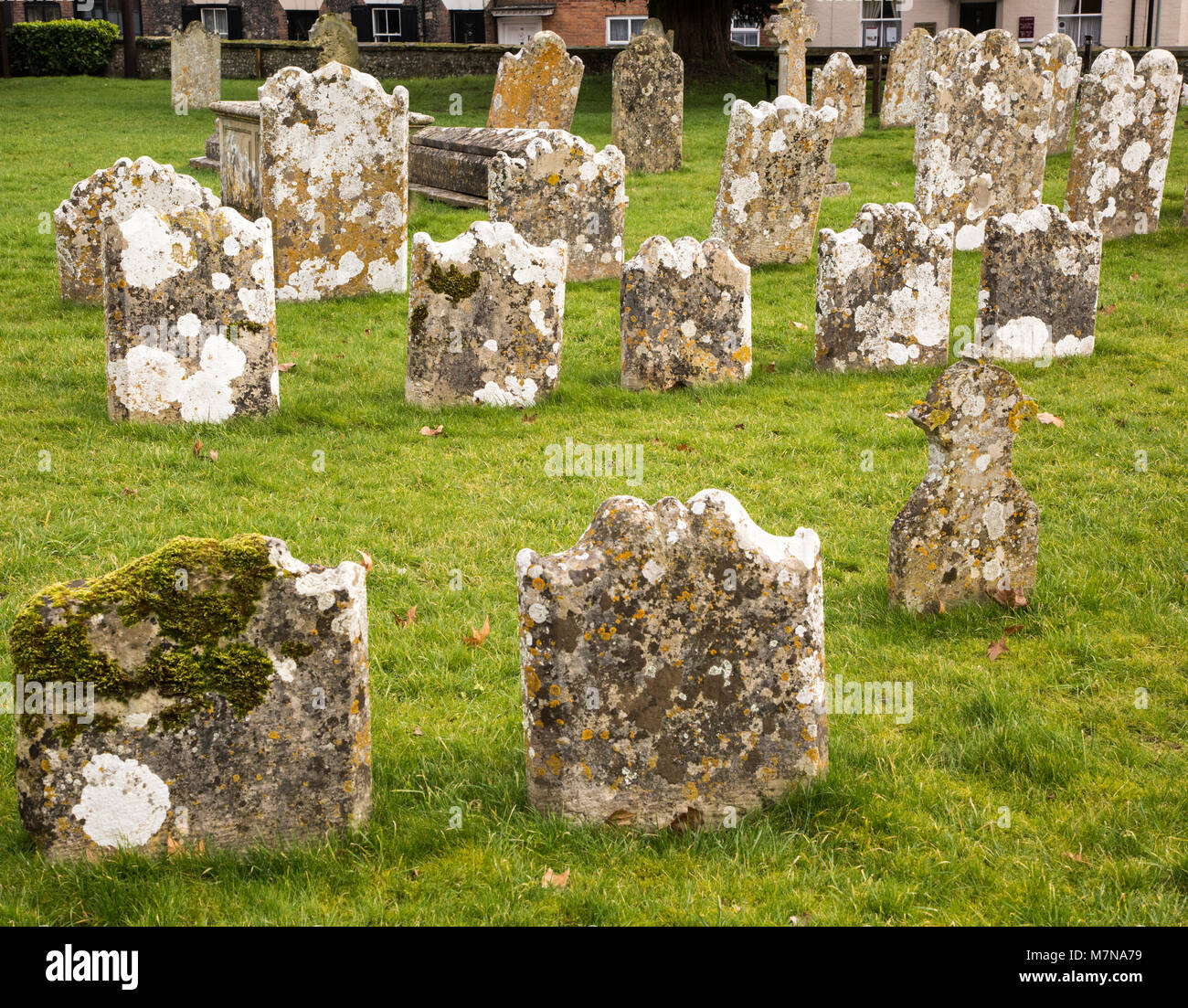 Weathered limestone gravestones, Amesbury Abbey church, Amesbury, Wiltshire, England, UK Stock Photo