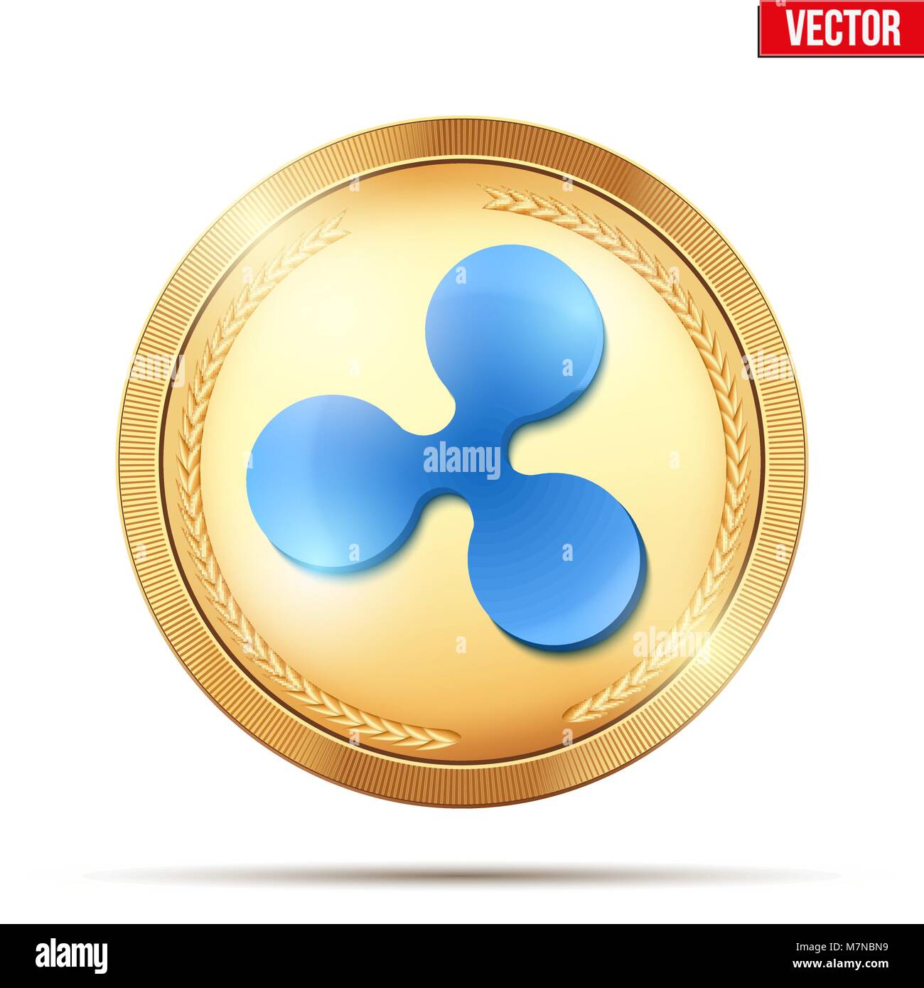 Gold coin with Ripple cryptocurrency sign. Stock Vector