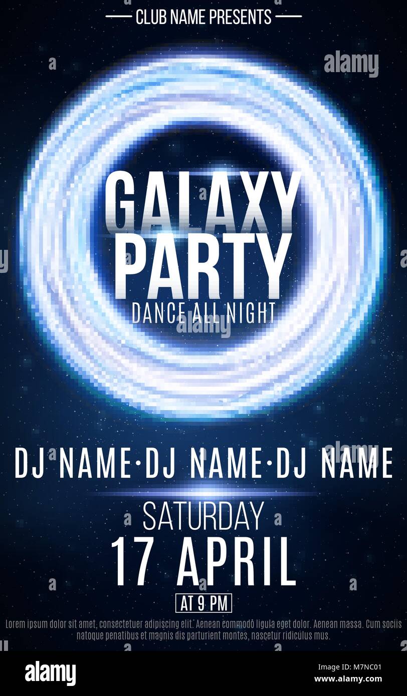 Poster for galaxy party. Round banner of luminous neon swirling lines. Name of club and DJ. Night party flyer. Starry sky. Vector illustration. EPS 10 Stock Vector