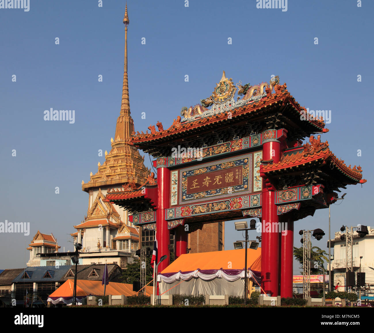 Thailand, Bangkok, Chinatown Gate, Wat Traimit, Golden Buddha Temple, Stock Photo