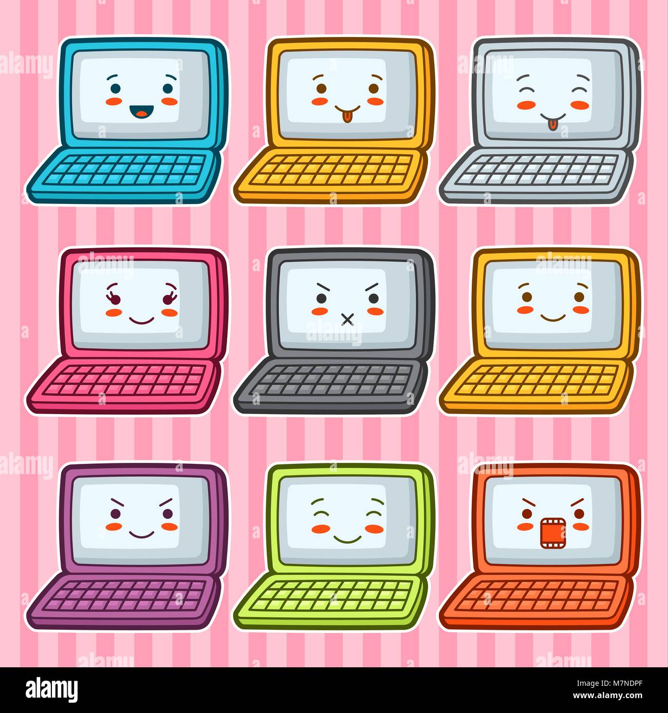 Kawaii doodle laptops set. Illustration of gadgets with various