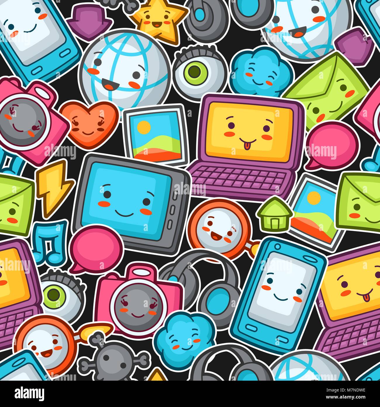 Kawaii gadgets social network seamless pattern. Doodles with pretty facial  expression. Illustration of phone, tablet, globe, camera, laptop,  headphones and other Stock Vector Image & Art - Alamy