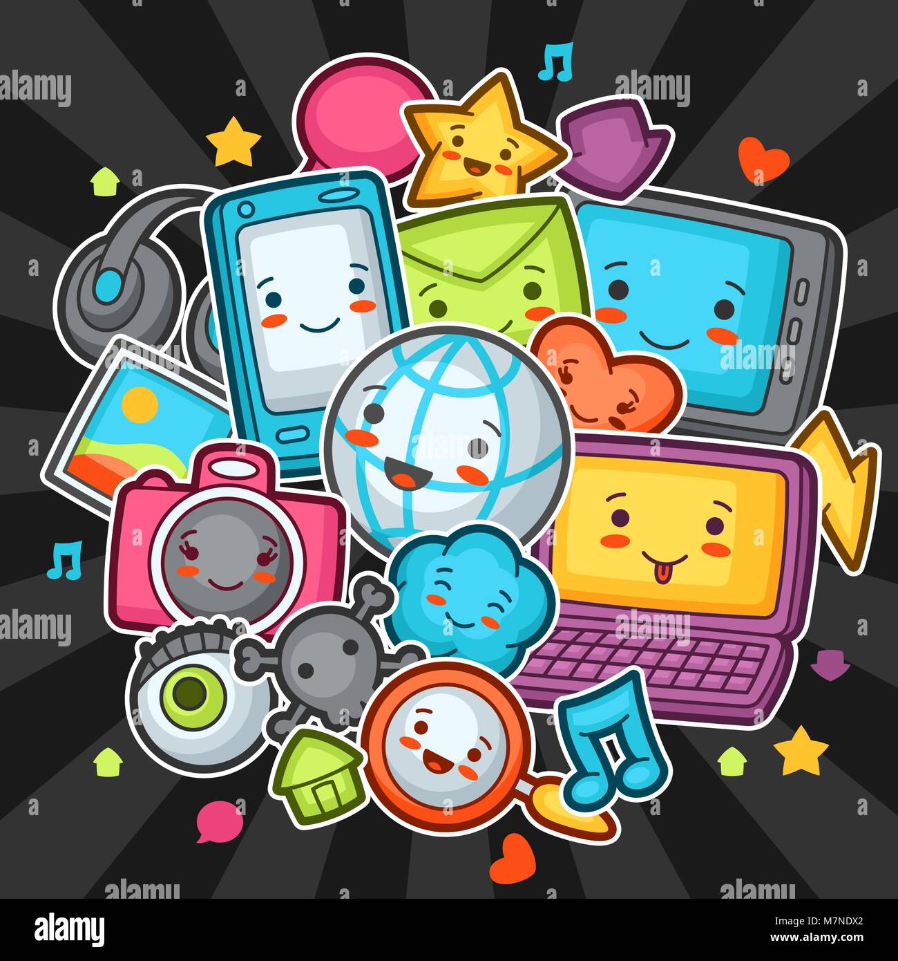 Kawaii gadgets social network items. Doodles with pretty facial expression.  Illustration of phone, tablet, globe, camera, laptop, headphones and other  Stock Vector Image & Art - Alamy