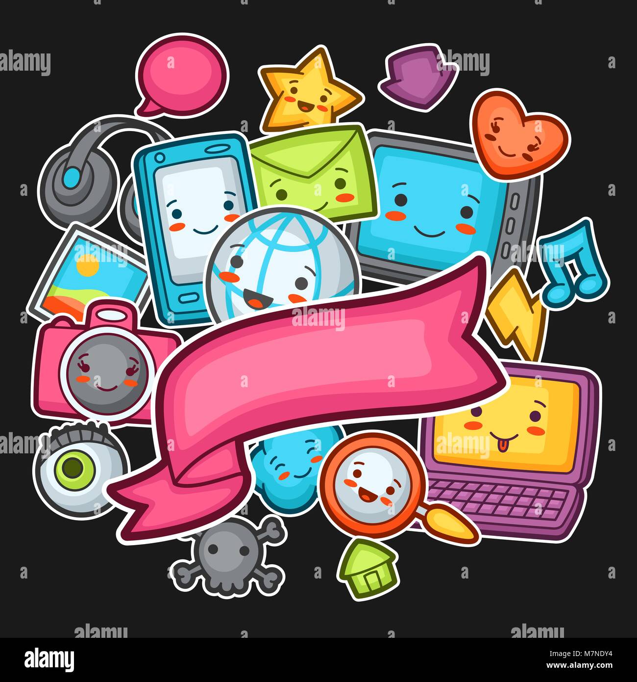 Kawaii gadgets social network background. Doodles with pretty