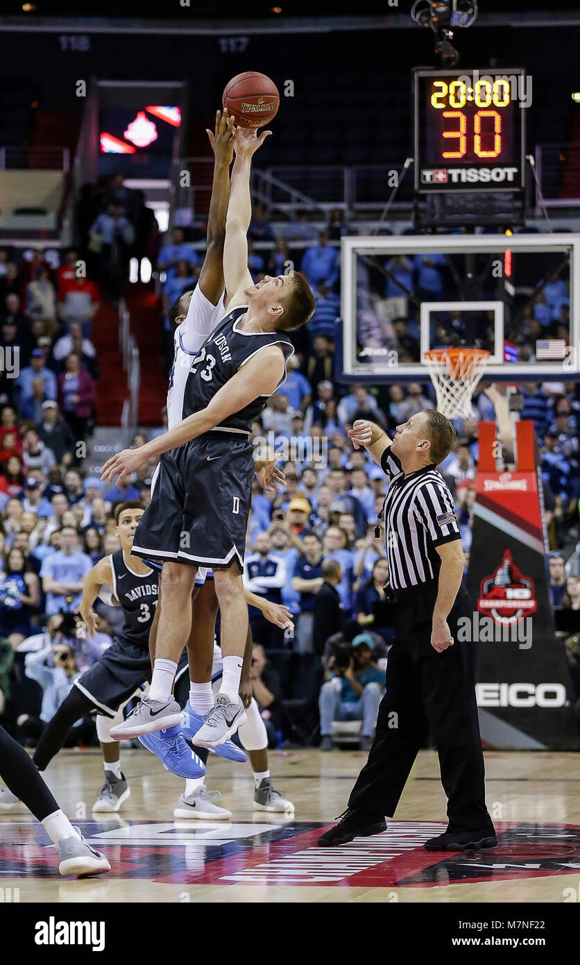 March 11, 2018: Davidson Wildcats F #23 Peyton Aldridge gets the tip off during the A10 Championship Men's Basketball game between the Davidson Wildcats and the Rhode Island Rams at the Capital One Arena in Washington, DC Justin Cooper/CSM Stock Photo