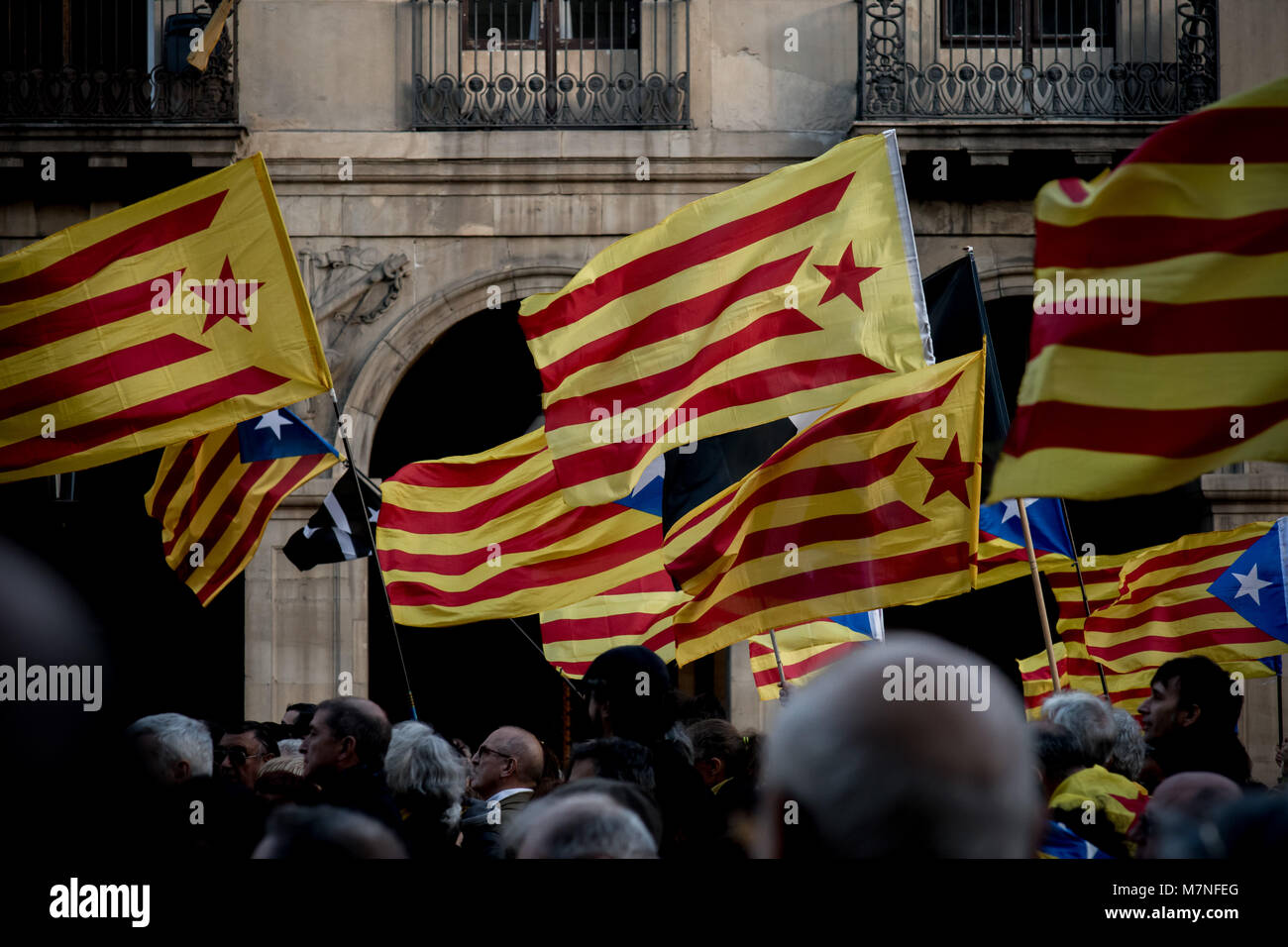 Barcelona, Catalonia, Spain. 11 March, 2018. Thousands demonstrate in Barcelona streets demanding the implementation of the Independent Catalan Republic (not deployed due to the Spanish government intervention) following  the past results of the referendum on first October  and the autonomic election held on 21 December in which the pro-independence parties got an absolute majority. Credit:  Jordi Boixareu/Alamy Live News Stock Photo