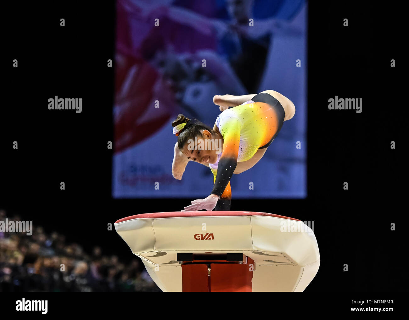 Echo Arena, Liverpool, UK. 11th Mar, 2018. Megan Bridge competes on the Pommel Horse during the WAG Senior Apparatus Final/MAG Masters of the 2018 Gymnastics British Championships at Echo Arena on Sunday, 11 March 2018. LIVERPOOL ENGLAND. Credit: Taka G Wu Credit: Taka Wu/Alamy Live News Stock Photo