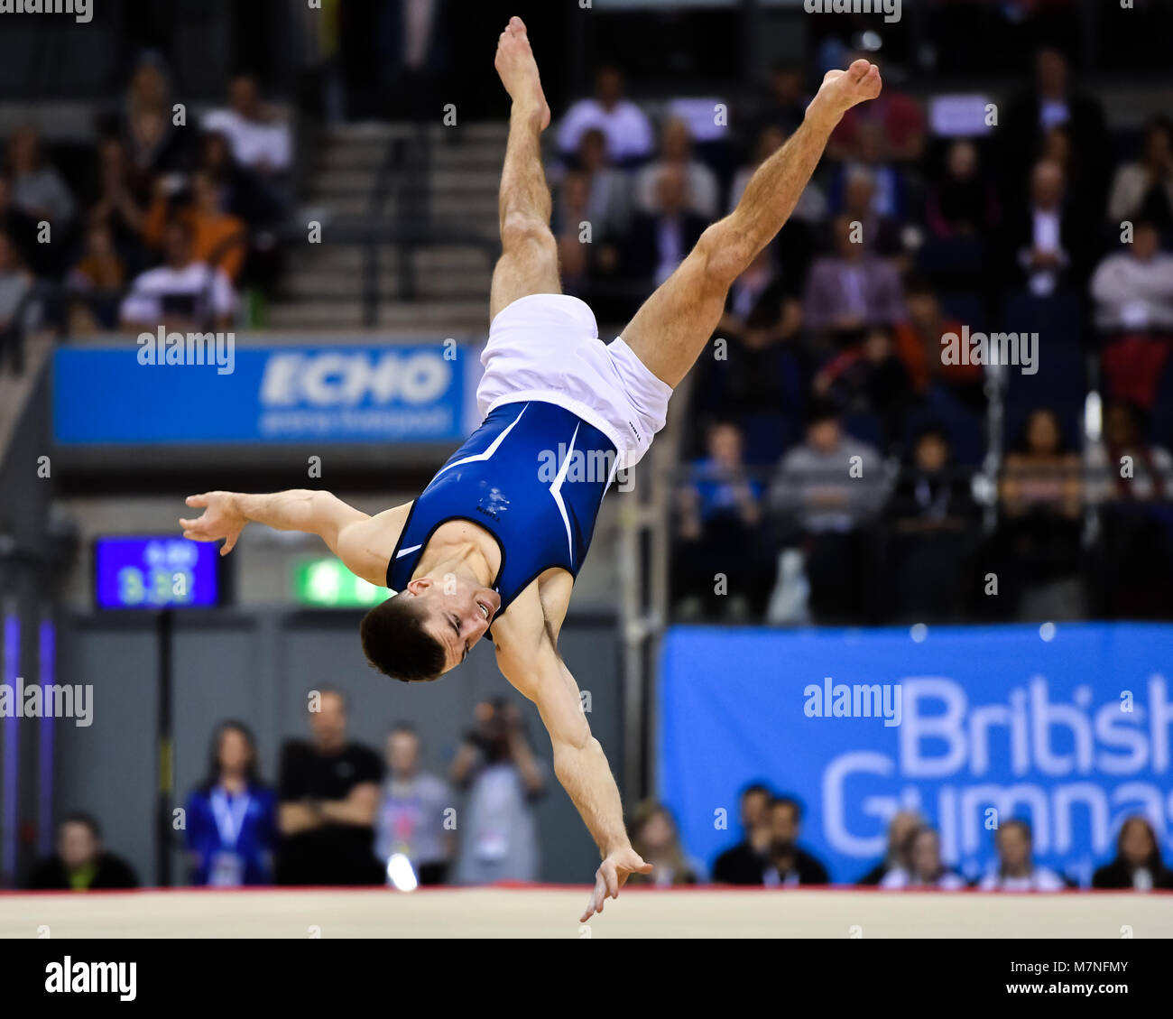 Echo Arena, Liverpool, UK. 11th Mar, 2018. Max Whitlock competes on the Men's Floor Exercise during the WAG Senior Apparatus Final/MAG Masters of the 2018 Gymnastics British Championships at Echo Arena on Sunday, 11 March 2018. LIVERPOOL ENGLAND. Credit: Taka G Wu Credit: Taka Wu/Alamy Live News Stock Photo