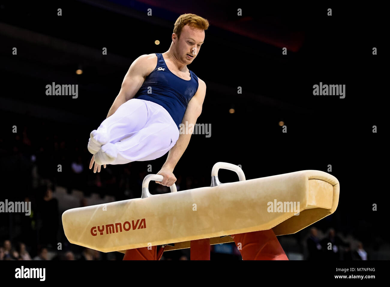 Echo Arena, Liverpool, UK. 11th Mar, 2018. Tony Duchars competes on the Pommel Horse during the WAG Senior Apparatus Final/MAG Masters of the 2018 Gymnastics British Championships at Echo Arena on Sunday, 11 March 2018. LIVERPOOL ENGLAND. Credit: Taka G Wu Credit: Taka Wu/Alamy Live News Stock Photo
