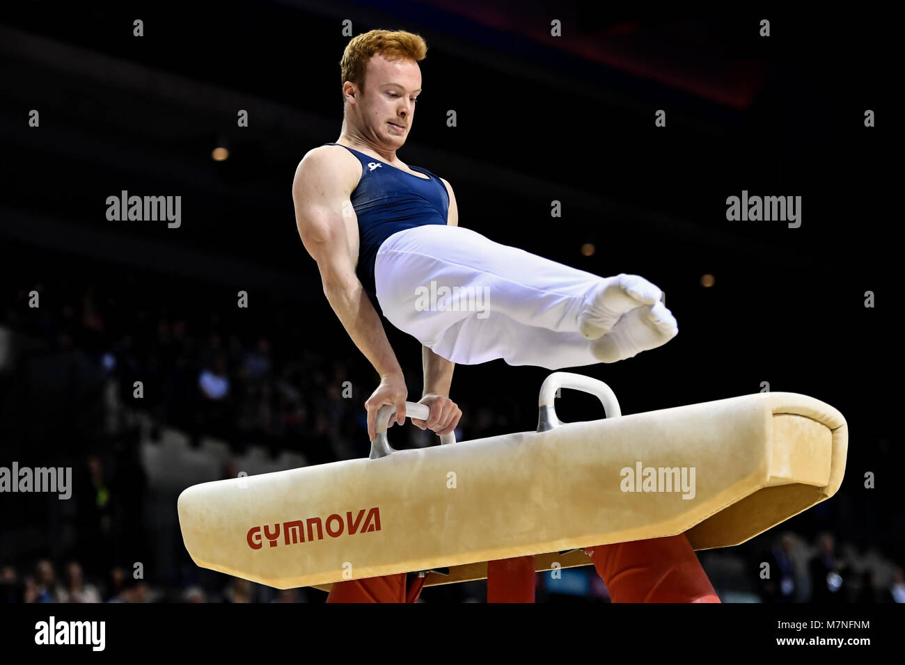 Echo Arena, Liverpool, UK. 11th Mar, 2018. Tony Duchars competes on the Pommel Horse during the WAG Senior Apparatus Final/MAG Masters of the 2018 Gymnastics British Championships at Echo Arena on Sunday, 11 March 2018. LIVERPOOL ENGLAND. Credit: Taka G Wu Credit: Taka Wu/Alamy Live News Stock Photo