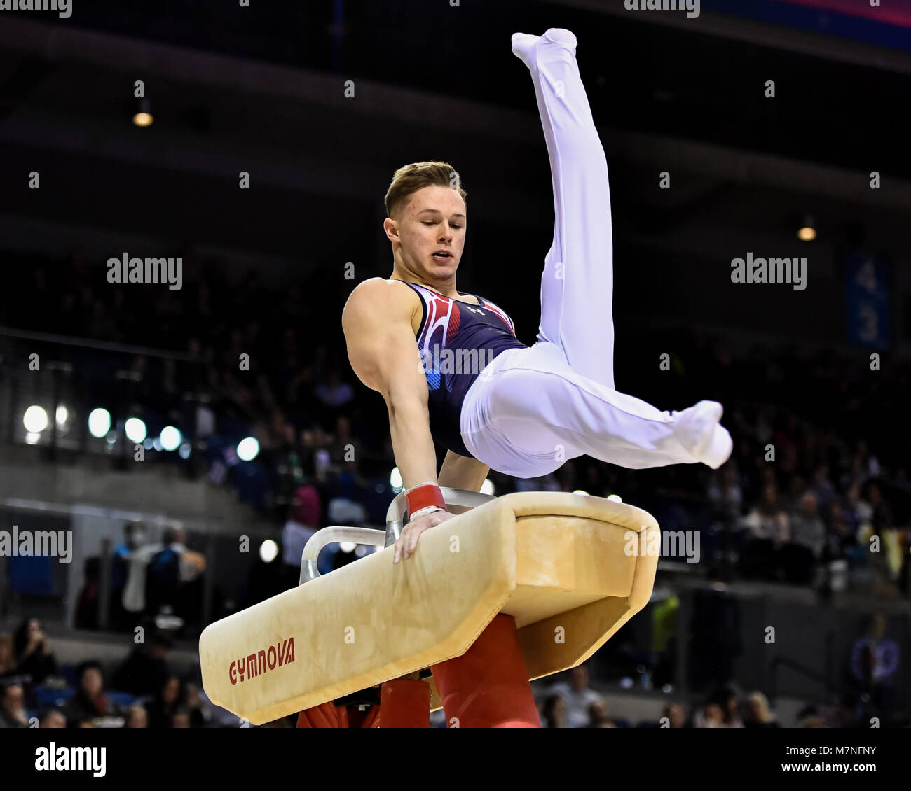 Echo Arena, Liverpool, UK. 11th Mar, 2018. Brinn Bevan competes on the Pommel Horse during the WAG Senior Apparatus Final/MAG Masters of the 2018 Gymnastics British Championships at Echo Arena on Sunday, 11 March 2018. LIVERPOOL ENGLAND. Credit: Taka G Wu Credit: Taka Wu/Alamy Live News Stock Photo