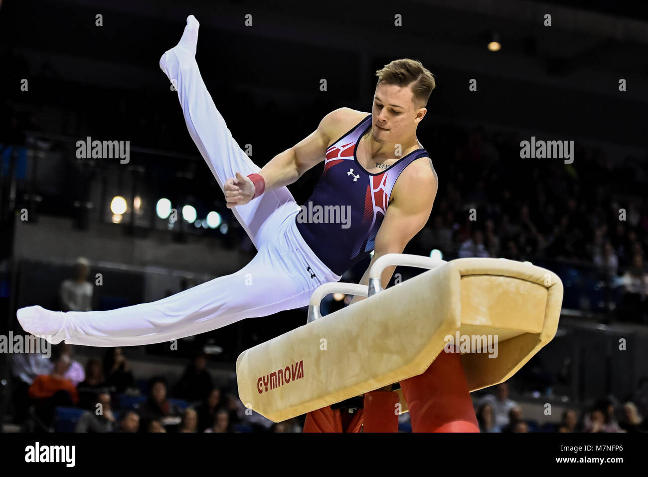 Echo Arena, Liverpool, UK. 11th Mar, 2018. Brinn Bevan competes on the Pommel Horse during the WAG Senior Apparatus Final/MAG Masters of the 2018 Gymnastics British Championships at Echo Arena on Sunday, 11 March 2018. LIVERPOOL ENGLAND. Credit: Taka G Wu Credit: Taka Wu/Alamy Live News Stock Photo