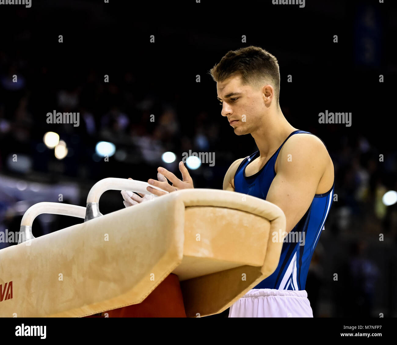 Echo Arena, Liverpool, UK. 11th Mar, 2018. Max Whitlock (MBE) competes on the Pommel Horse during the WAG Senior Apparatus Final/MAG Masters of the 2018 Gymnastics British Championships at Echo Arena on Sunday, 11 March 2018. LIVERPOOL ENGLAND. Credit: Taka G Wu Credit: Taka Wu/Alamy Live News Stock Photo