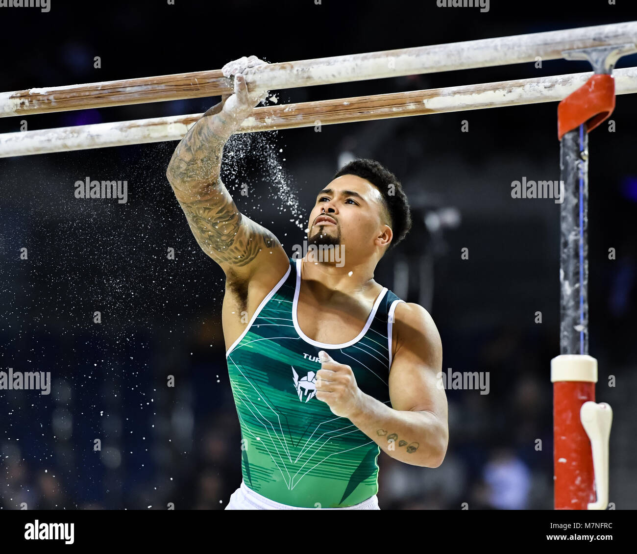 Echo Arena, Liverpool, UK. 11th Mar, 2018. Reiss Beckford  competes on the Parallel Bars during the WAG Senior Apparatus Final/MAG Masters of the 2018 Gymnastics British Championships at Echo Arena on Sunday, 11 March 2018. LIVERPOOL ENGLAND. Credit: Taka G Wu Credit: Taka Wu/Alamy Live News Stock Photo