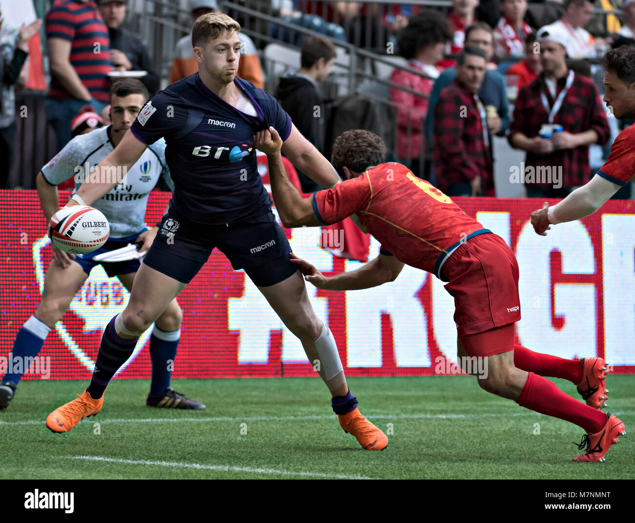 Vancouver, Canada. 11th Mar, 2018. Scotland's Glenn Bryce (L) vies with Francisco Hernandez during the World Rugby Seven Series in Vancouver, Canada, March 11, 2018. Credit: Andrew Soong/Xinhua/Alamy Live News Stock Photo