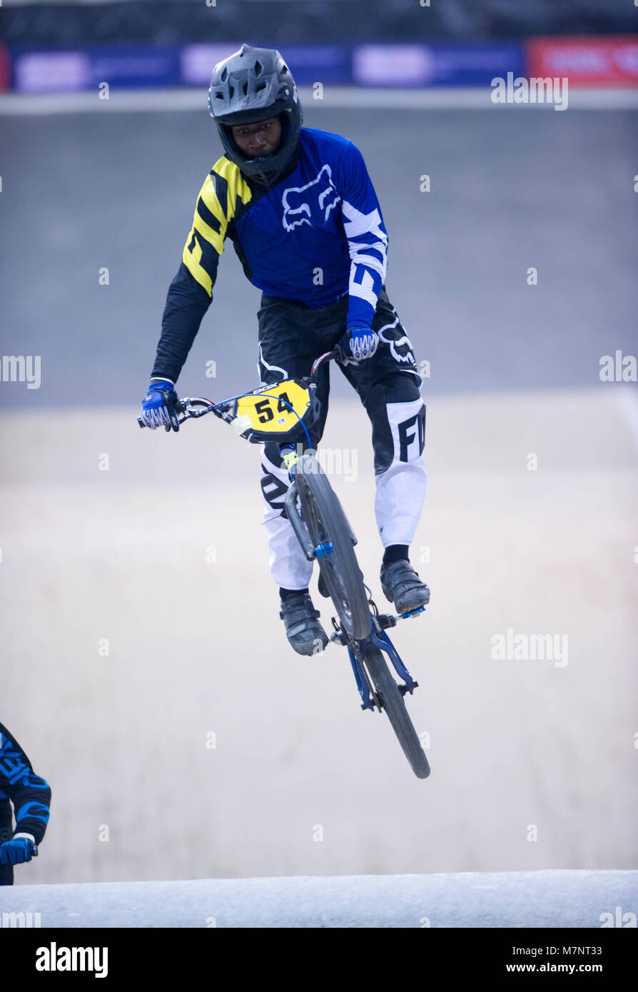 National Cycling Centre, Manchester, UK, 11th March 2018. 54, Lenin Sibanda, Manchester BMX Club, Male 17-24 Class in action from round 2 of the HSBC UK | BMX National Series at the HSBC UK National Cycling Centre. © David Partridge / Alamy Live News Stock Photo