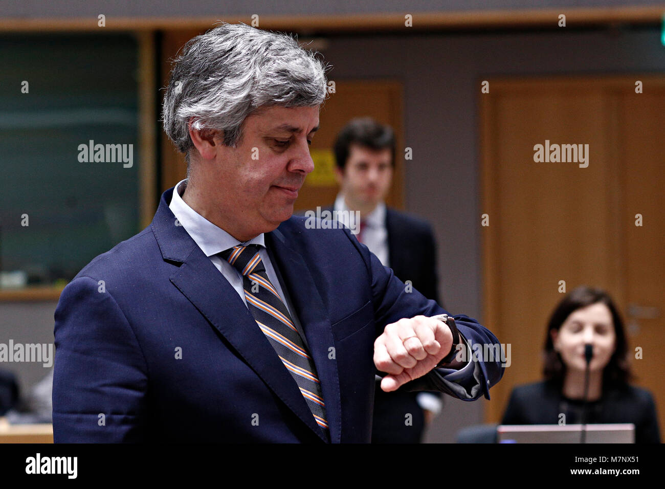 Brussels, Belgium. 12th March, 2018. Mario Centeno , President of the Eurogroup attends an Eurogroup meeting at the EU headquarters in Brussels, Belgium on March 12, 2018. Alexandros Michailidis/Alamy Live News Stock Photo