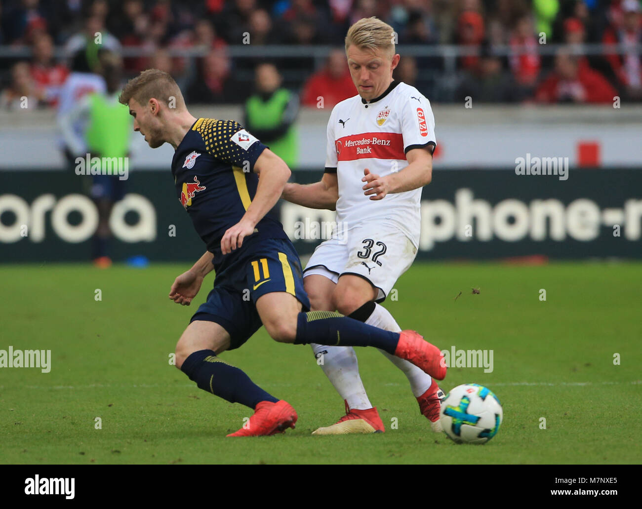 20180311, Football, 1. Bundesliga, 26.Matchday, at Mercedes Benz Arena Stuttgart, VfB Stuttgart vs RB Leipzig, Fussball, Sport, im Bild:  Tim Werner (RB Leipzig) vs Andreas Beck (VFB Stuttgart)  *Copyright by:  Philippe Ruiz Stock Photo