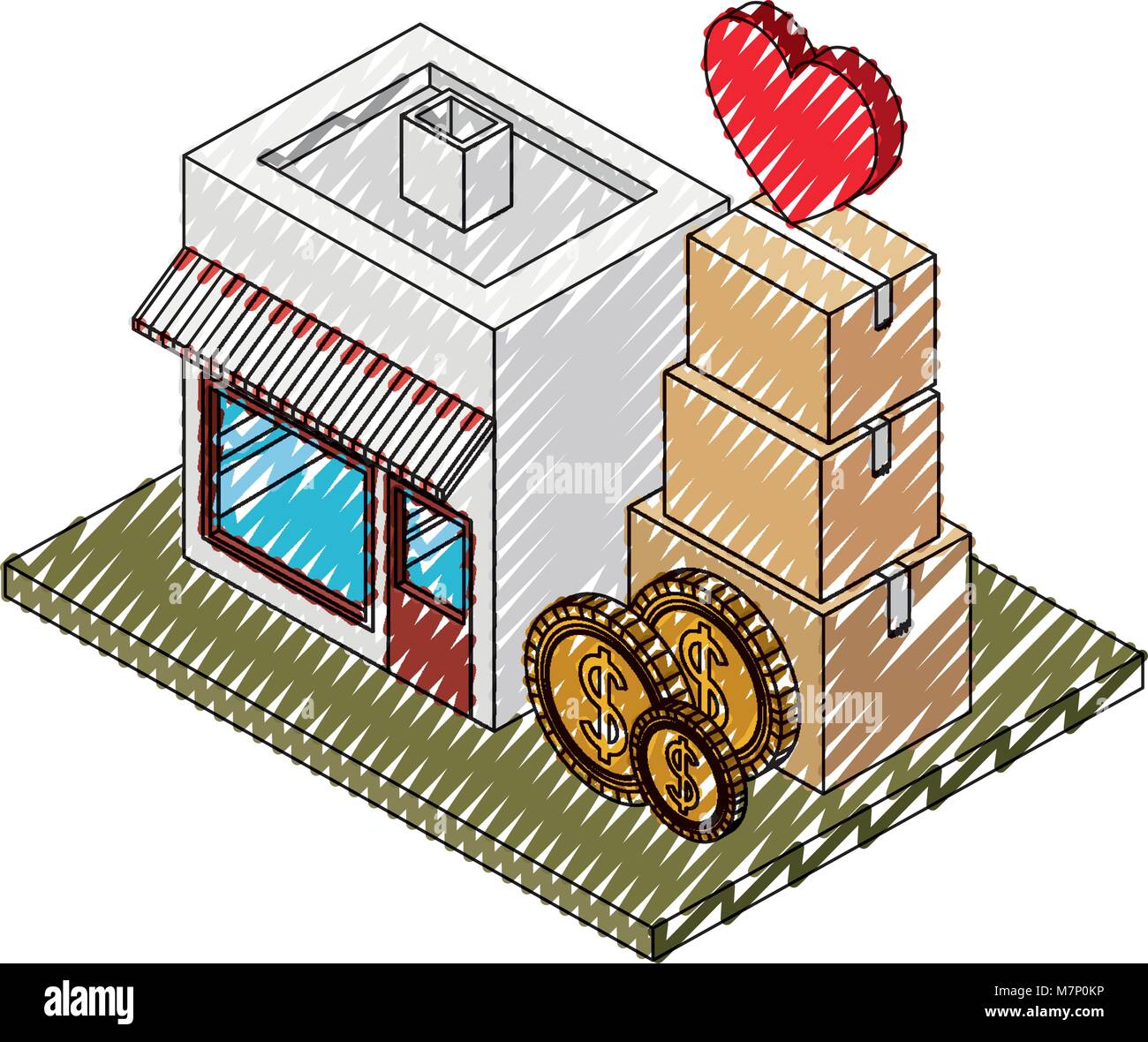 store building with boxes carton and coins isometric icon Stock Vector ...