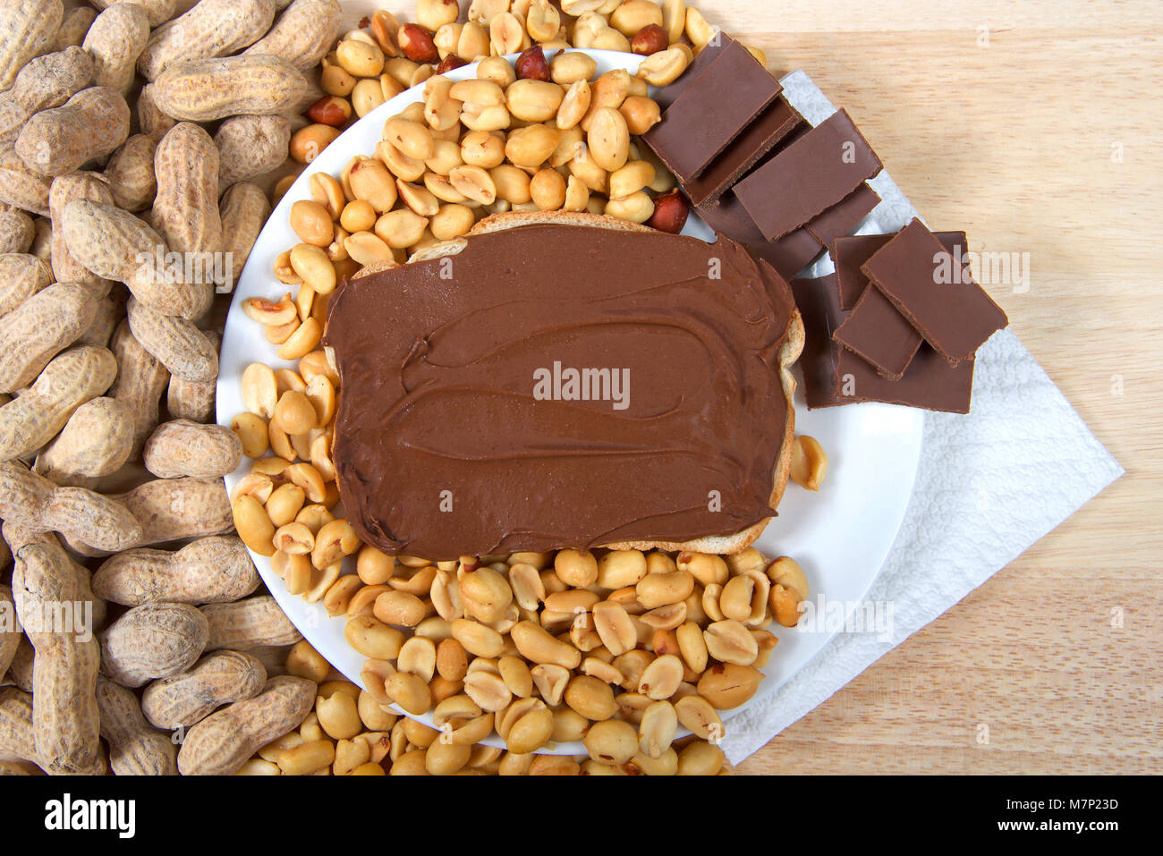 Chocolate peanutbutter spread on bread, open face sandwich on plate with pieces of chocolate, shelled peanuts and whole in shell peanuts on wood table Stock Photo
