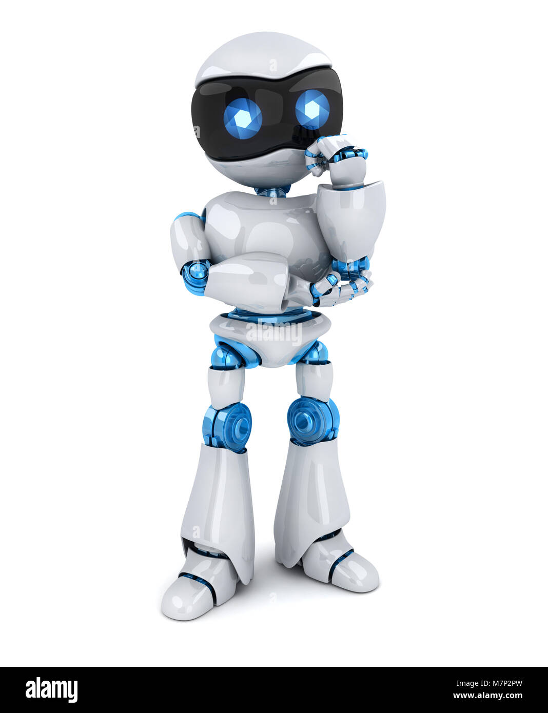 The robot stands and thinks on white background. 3d illustration Stock Photo