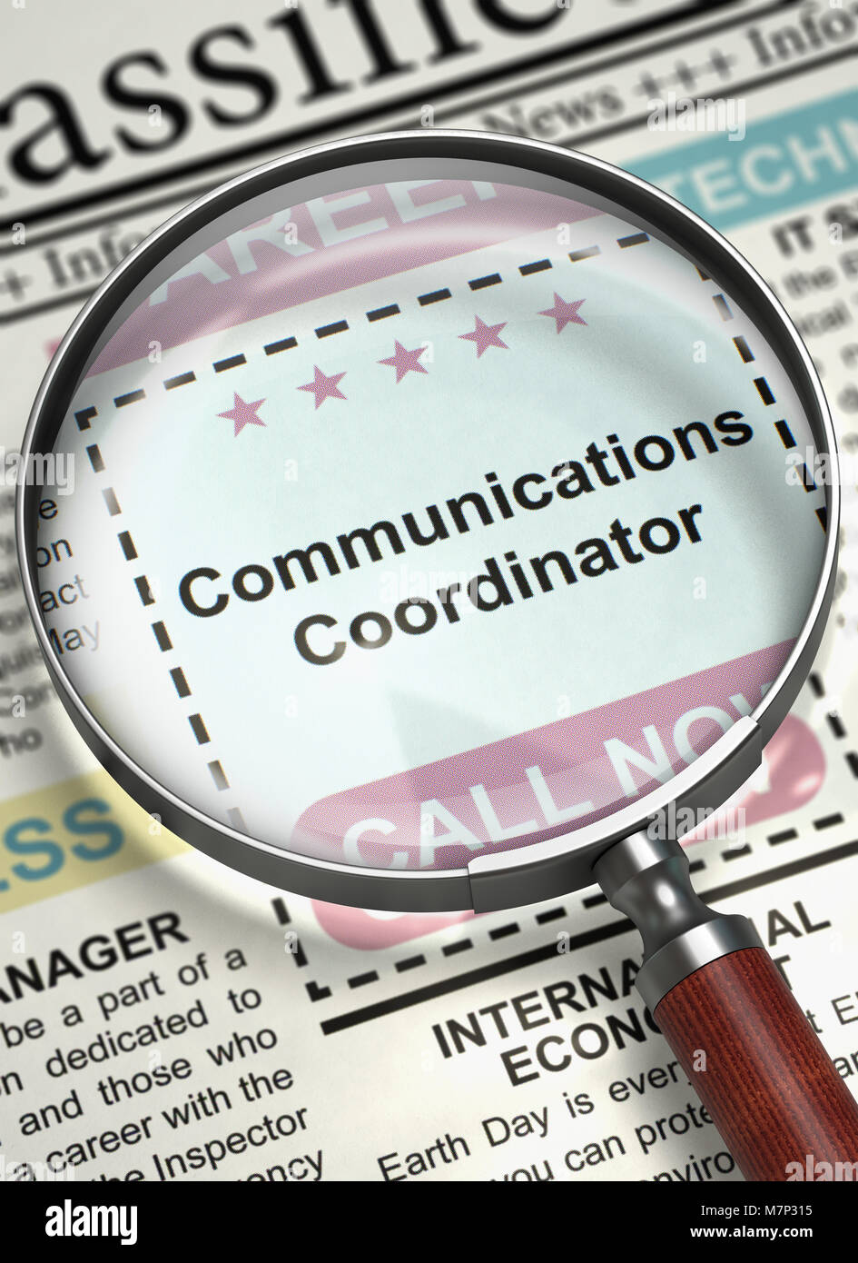 Communications Coordinator Job Vacancy. 3D. Stock Photo