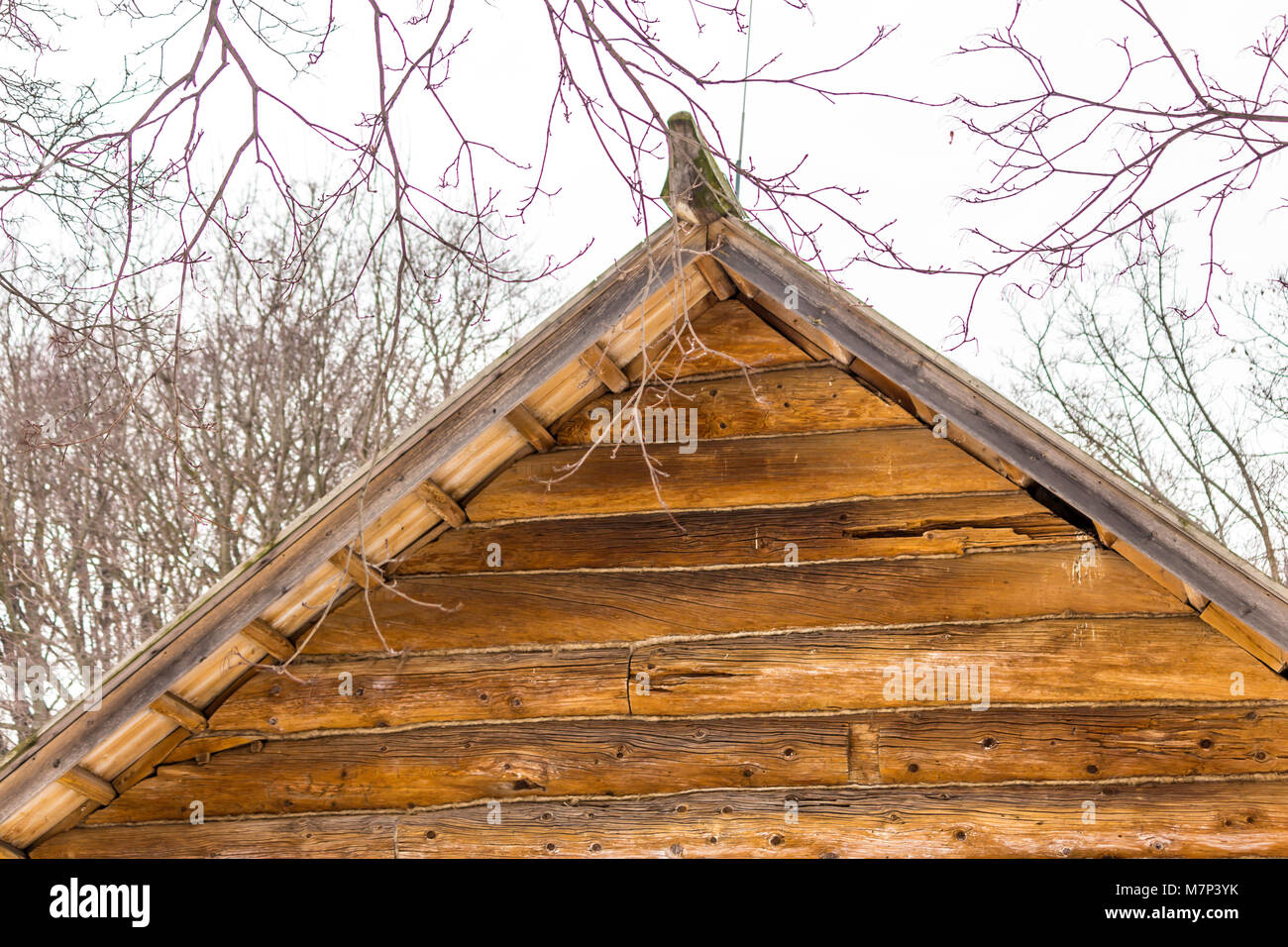 Wooden restored barn. Built in the 18th century. Triangular pediment of ...