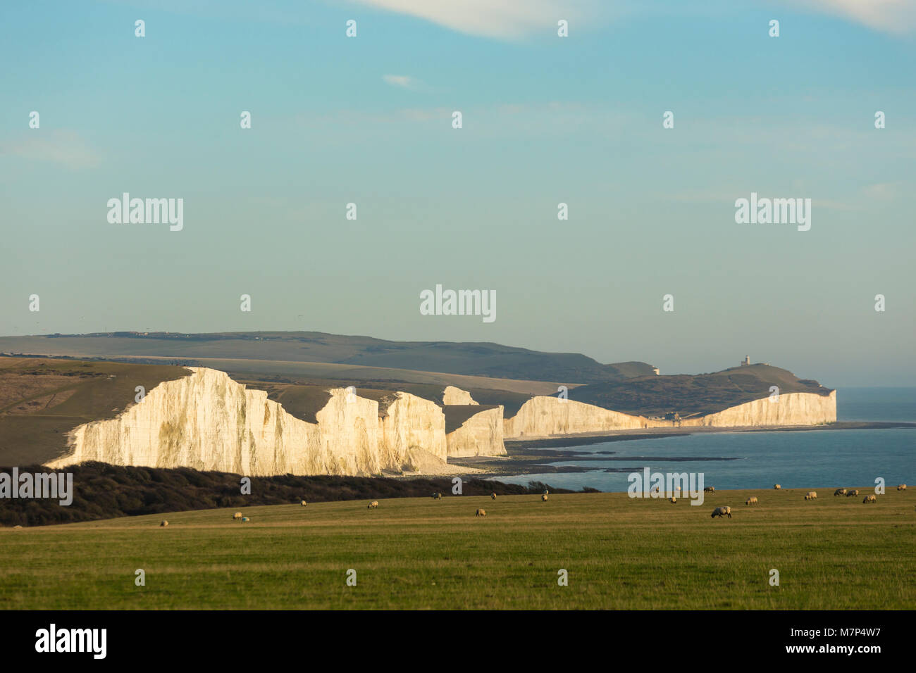 The Seven Sisters is a series of chalk cliffs by the English Channel. They form part of the South Downs in East Sussex. Stock Photo