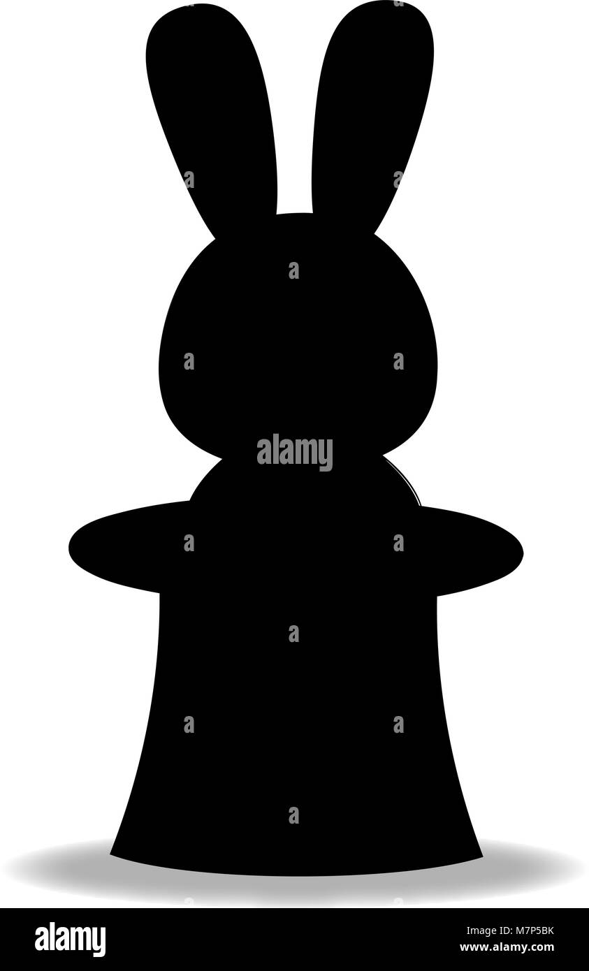 Black silhouette of rabbit sitting in the magic cylinder top hat isolated on white background. Monochrome vector illustration, sign, symbol, icon, cli Stock Vector