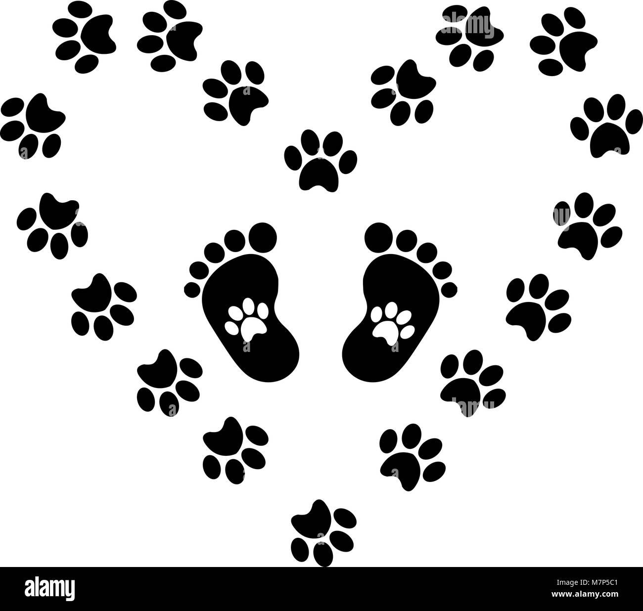 Black silhouette of baby footprints with pawprints inside framed with heart made of animal paws