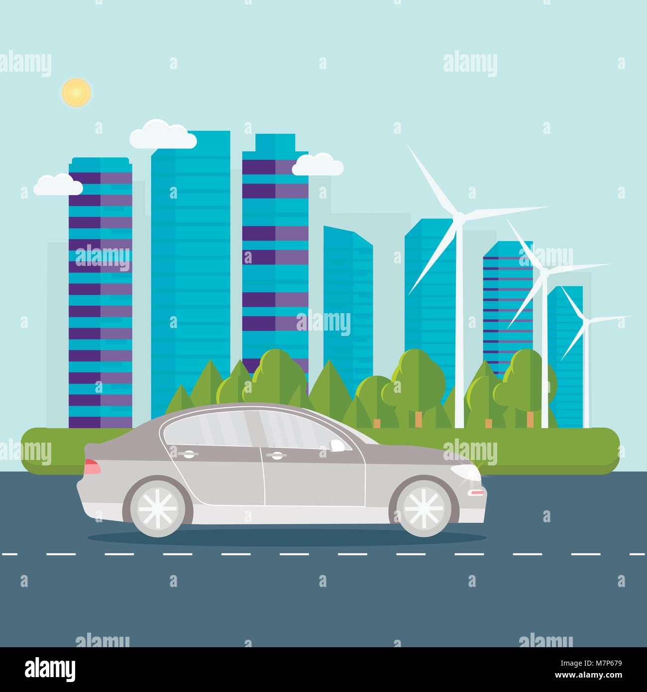 Green modern house with solar panels, wind turbine and smart car. Eco friendly alternative energy. Ecosystem infographics. Flat vector illustration. Stock Vector