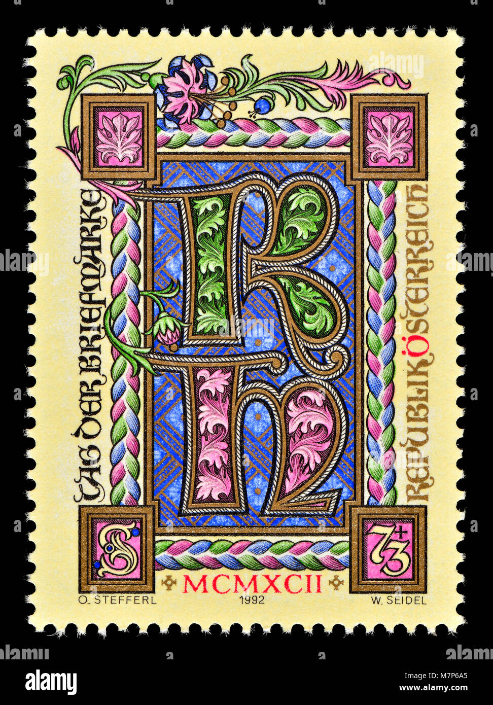 Austrian postage stamp (1992) : 'Tag Der Mriefmarke / Day of the Stamp 1992. Detail of an illuminated manuscript Stock Photo