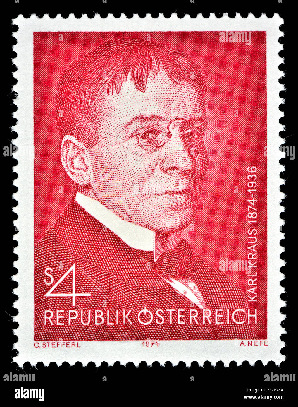 Austrian postage stamp (1974) : Karl Kraus (1874 – 1936) Austrian writer and journalist, satirist, essayist, aphorist, playwright and poet. Stock Photo