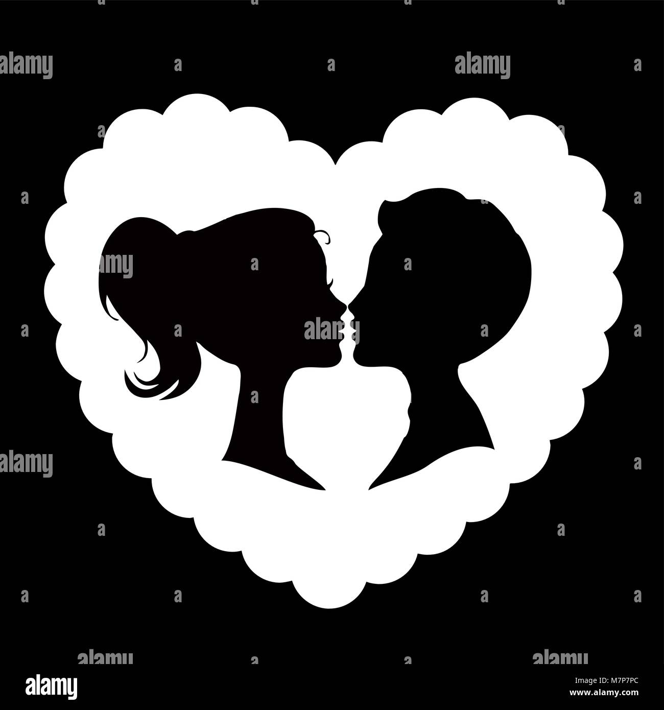 Black silhouette of loving couple isolated on white background inside ...