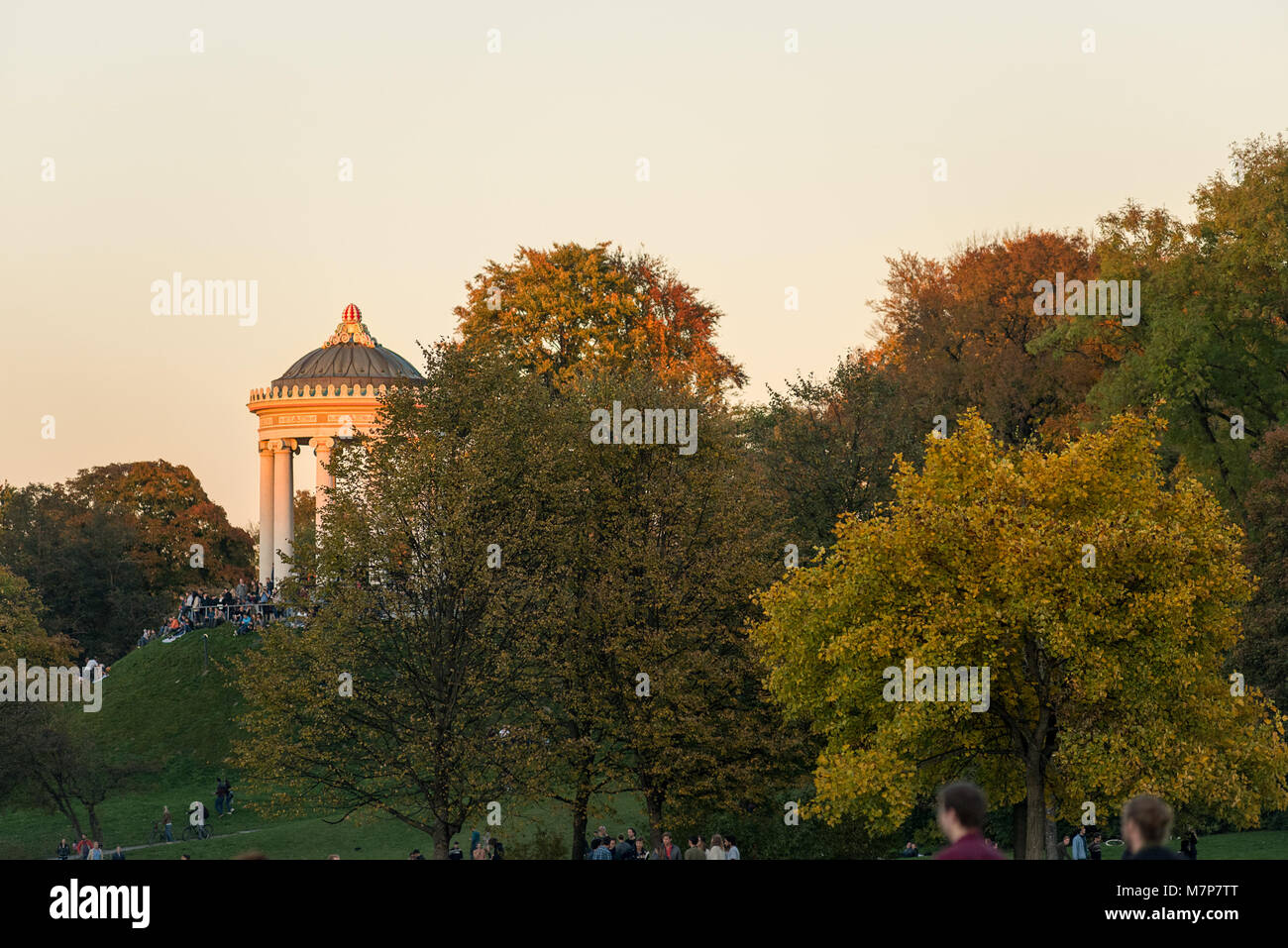 The Monopteros temple at sunset in the popular locals hangout spot the English Garden, Munich, Germany. Stock Photo