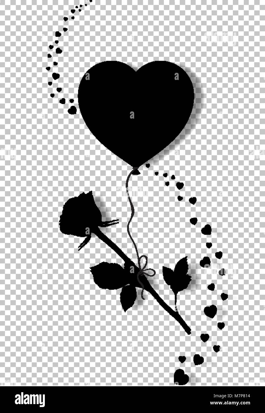 Black Silhouette Of Rose Flying On Heart Balloon With Confetti Wave Isolated On Transparent Background Monochrome Vector Illustration Symbol Sign Stock Vector Image Art Alamy