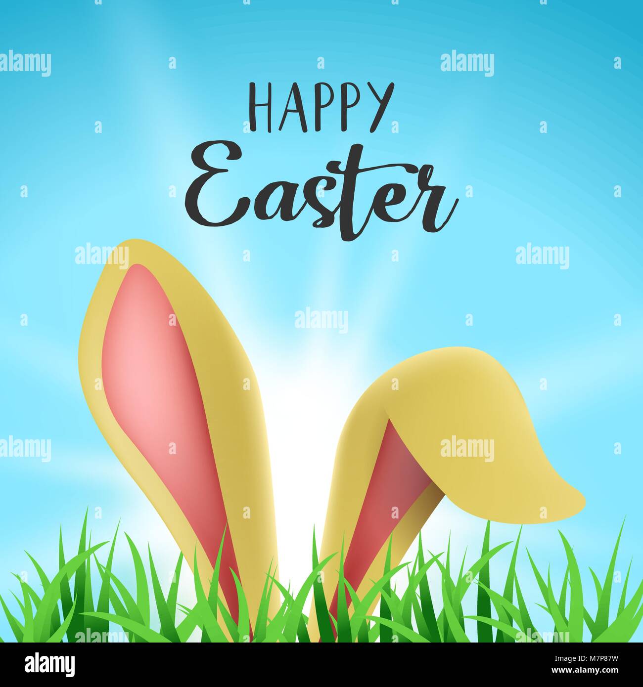 Easter bunny holiday greeting card illustration, rabbit ears hiding behind garden grass with happy celebration message. EPS10 vector. Stock Vector