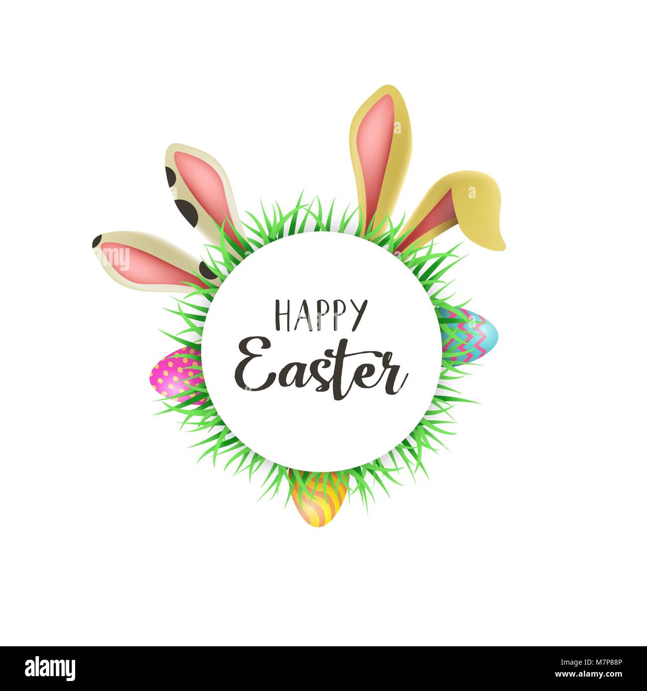 Happy Easter greeting card illustration with cute rabbit ears and painted eggs hiding in grass. Includes celebration text quote for spring time holida Stock Vector