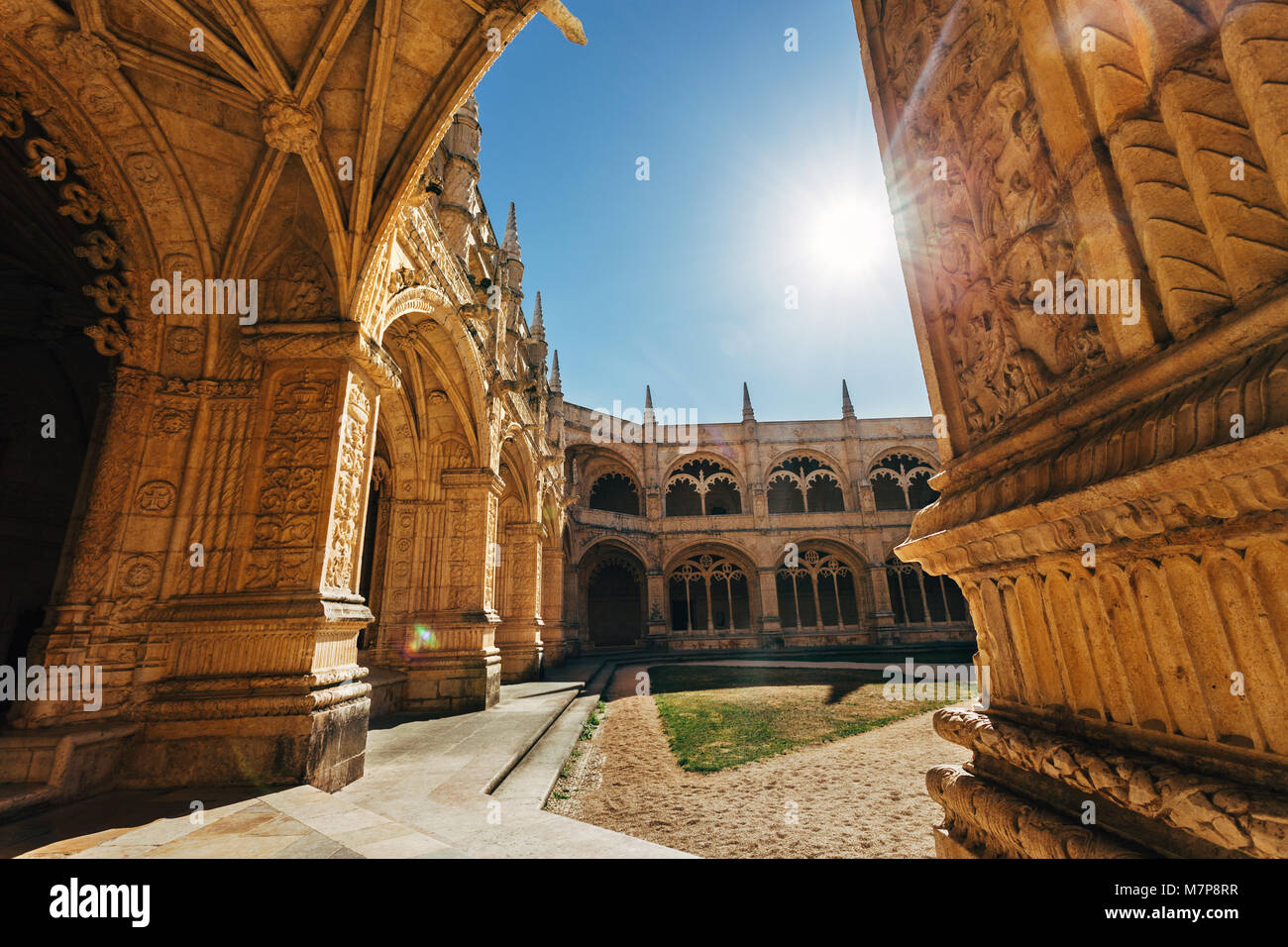 Architecture of Jeronimos Monastery in Lisbon, Portugal. Manueline style architecture. Stock Photo