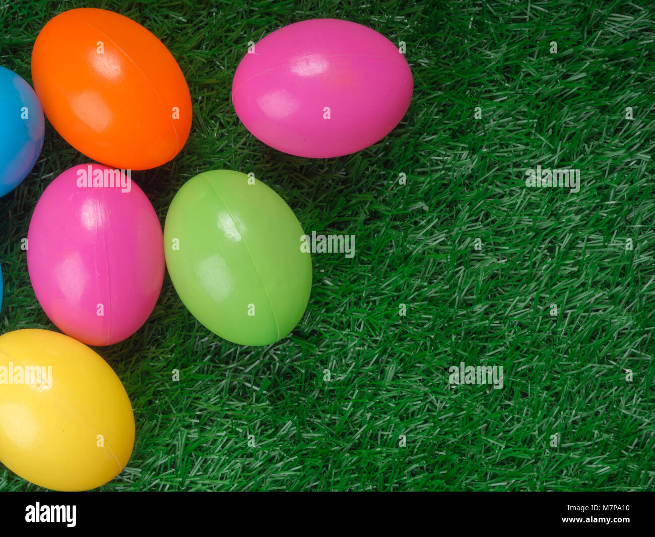 plastic easter eggs on grass top view Stock Photo Alamy