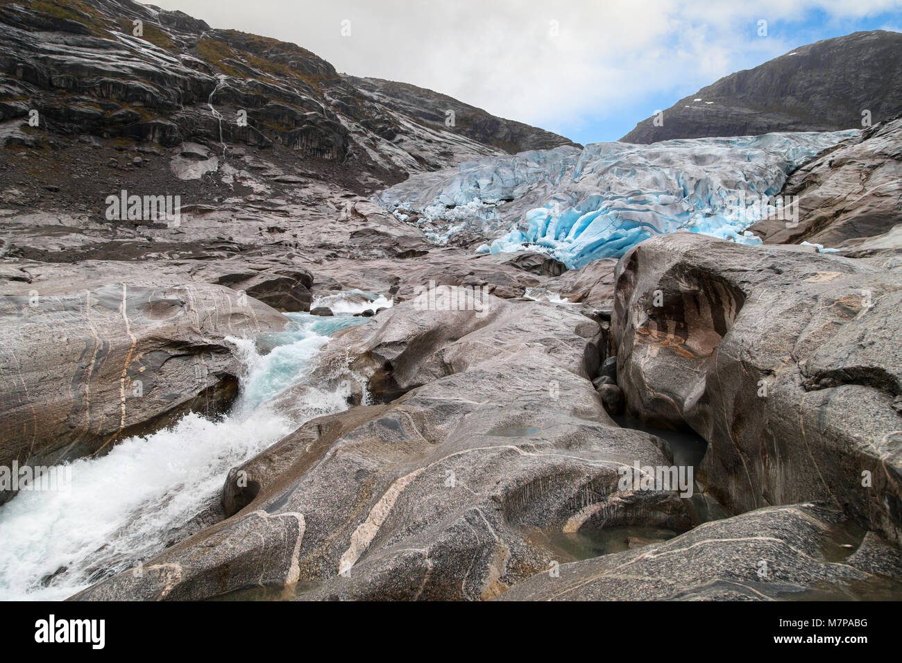 Front moraine of the Nigardsbreen Glacier in the Jostedalsbreen National Park, Norway. Stock Photo