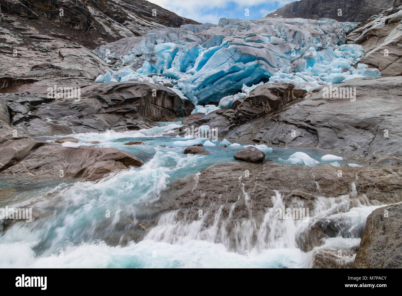 Melting of the Nigardsbreen Glacier, Jostedalsbreen National Park, Norway. Stock Photo