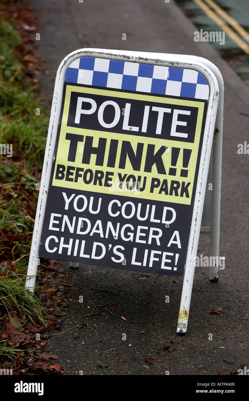A 'Polite Think' no parking notice on an A board outside a school in Chichester, UK. Stock Photo