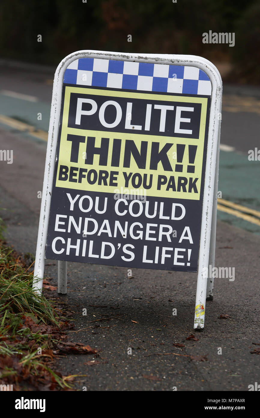 A 'Polite Think' no parking notice on an A board outside a school in Chichester, UK. Stock Photo