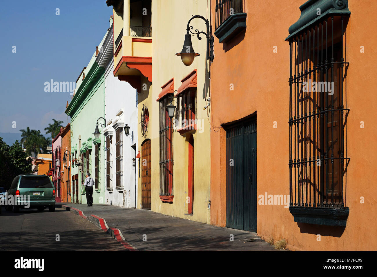 A street with multicolored buildings in Cuernavaca, Mexico. Stock Photo