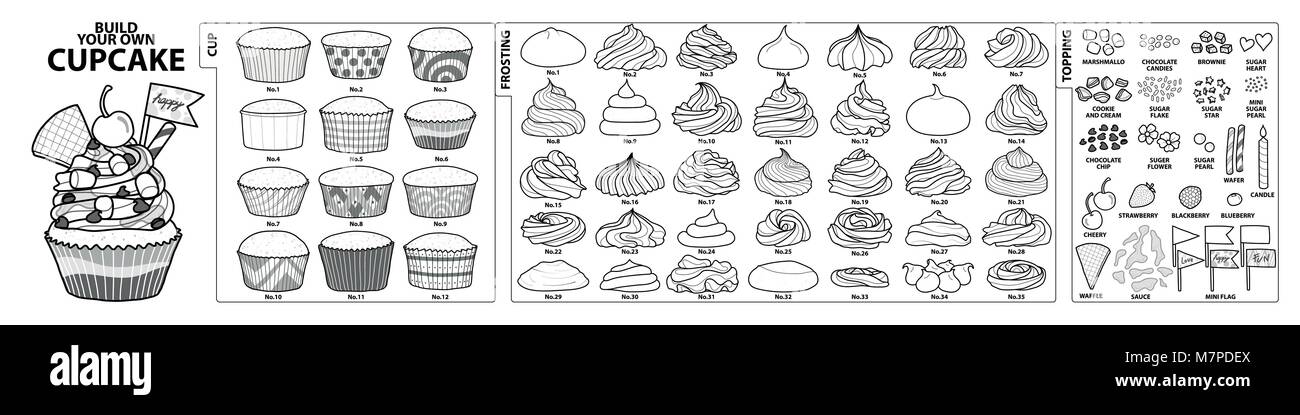 Set of isolated cups, frosting and toppings for build your own cupcake. Cute hand drawn style in black outline and white plane on white background. Stock Vector