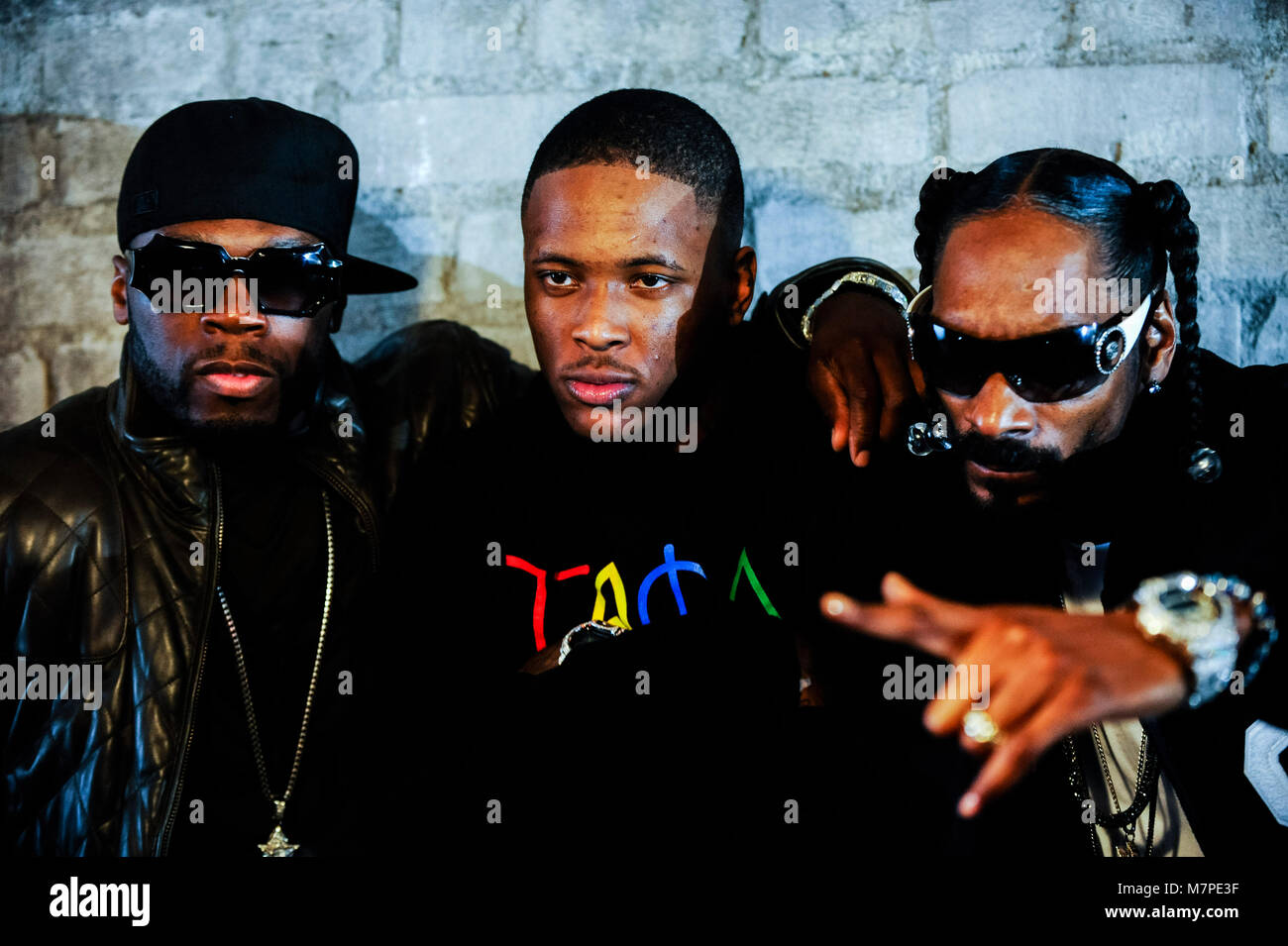 L-R) 50 Cent, YG & Snoop Dogg portrait on-set at the 