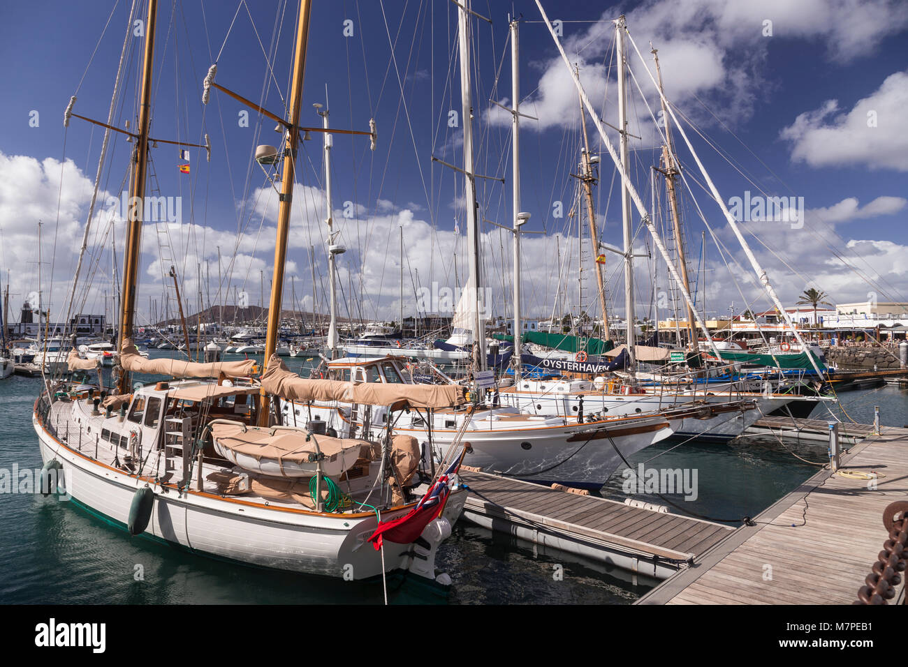 Yachts moored in the harbour at Playa Blanca, Lanzarote, Canary Islands Stock Photo