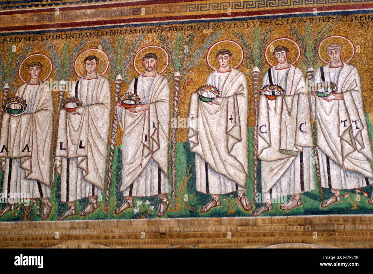 Ravenna, Italy - June 15, 2017: Mosaics in the Basilica of Sant'Apollinare Nuovo which was erected in VI century. Early Christian Monuments of Ravenna Stock Photo